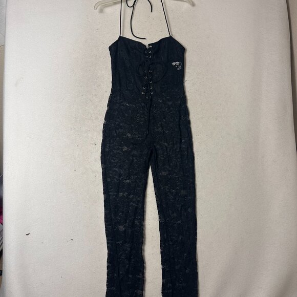 Jumpsuit Black Lace corset lace up top spaghetti straps sz M whimsigoth sexy - Picture 2 of 5